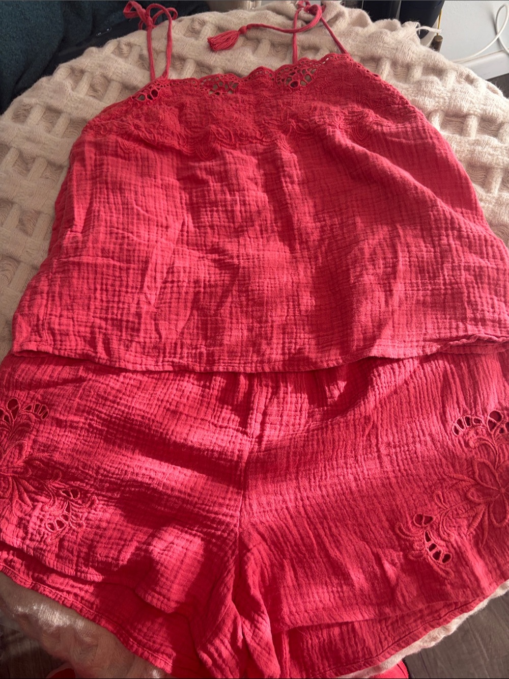 Coral pink lace matching set